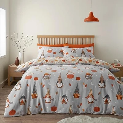 Immagine di Catherine Lansfield Set copripiumino matrimoniale reversibile con federe, in cotone spazzolato, motivo autunnale, colore: grigio