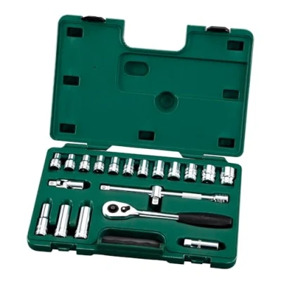 Immagine di SATA ST09005SJ Set di bussole metriche a 6 punti da 1/2&quot;, con cricchetto sgancio rapido e adattatore 3 vie, lucidato, in custodia, verde