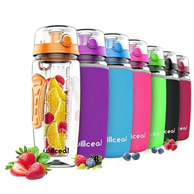 Immagine di Borraccia per l&#039;acqua con infusore frutta,di grandi dimensioni, capacità: 946 ml, resistente, in plastica Tritan priva di bisfenolo A, coperchio a scatto e design prova perdita (Orange)