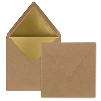 Immagine di 50x buste quadrate 15,5 x cm Colore: marrone (carta riciclata) foderato con carta metallizzata oro Incollaggio a umido per inviti e saluti cari