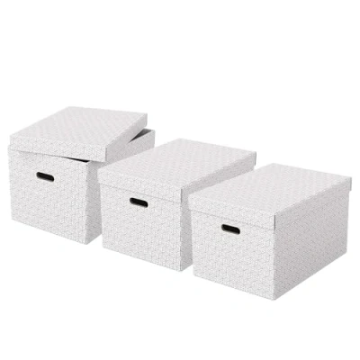 Immagine di Esselte Set di 3 Contenitori Grandi con Coperchio in Cartone Riciclato e Riciclabile al 100%, Ottimali per lo Stoccaggio l&#039;Archiviazione, Design Geometrico, 355 mm x 305 510 mm, Bianco