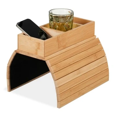 Immagine di Relaxdays Vassoio per Bracciolo Divano, Tavolino con 3 Scomparti Porta Tazza caffè, HLP: 6,5x42x28 cm, bambù, Naturale, Poliestere