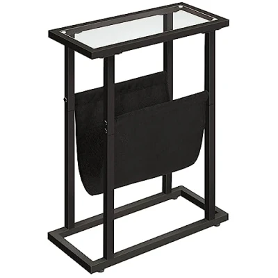Immagine di HOOBRO Tavolino, Comodino da Letto Stretto, Tavolino Sottile in Vetro Temperato, Compatto con Portariviste, Divano per Soggiorno, Camera Letto, Salvaspazio, Nero EBK78BZ01