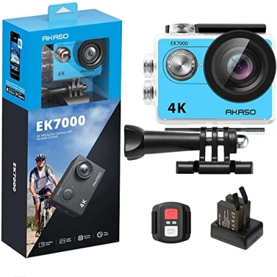 Immagine di AKASO EK7000 Action Cam 4K 30FPS, WiFi 20MP Fotocamera Subacquea 30M, Videocamera Stabilizzata Caricabatterie con 2 Batterie Angolo di 170 Telecomando 2.4G e Kit Accesorios Multiples (Blu)
