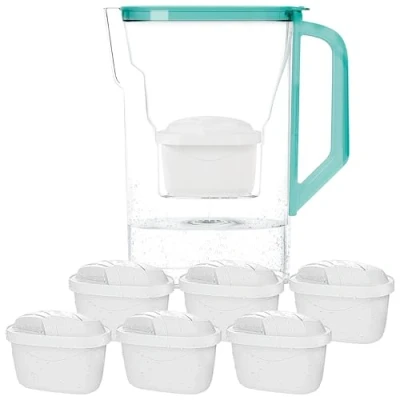 Immagine di Wessper Caraffa Filtrante con Filtri, per Frigorifero da 2,7 Litri, Cartucce Acqua Carbone Attivo e Rresina a Scambio Ionico, Caraffe set di 6 Filtro Menta