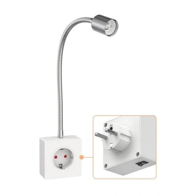 Immagine di ledscom.de Presa di corrente/lampada da lettura LESCH, collo d&#039;oca, interruttore, cromo/bianco, 1x GU10 max. 10W, portalampada, luce lettura, presa, Gu10, spina, lampada
