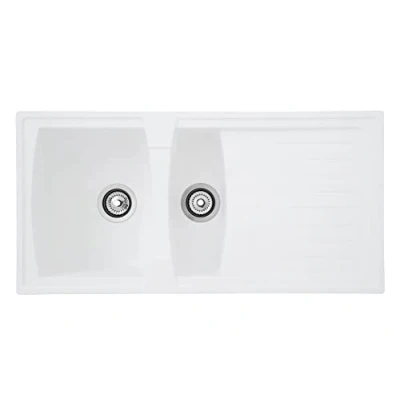 Immagine di Respekta Lavello da cucina Boston in mineralite color bianco / incasso a 1,5 vasche, dimensioni 100 x 50 cm adatto per mobili sottolavello 60 di larghezza