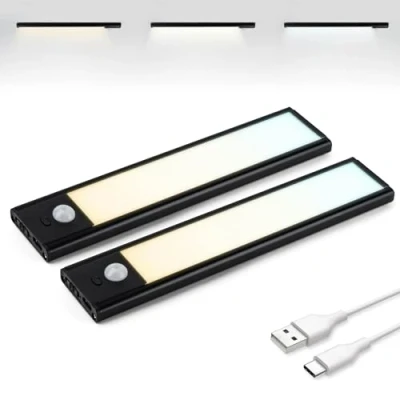 Immagine di Brendz Luce Armadio LED con Sensore di Movimento, 2 x 20 cm, 3 Temperature Colore, Dimmerabile, Magnetica Ricaricabile Led, Notturna, Lampada per Armadio, Nero