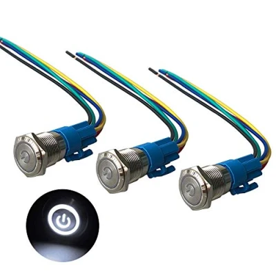 Immagine di QitinDasen 3Pcs Premium 12V / 24V 5A Interruttore a Pulsante Autobloccante, 16mm in Metallo con LED Bianca, Avviamento Auto Acciaio Inossidabile impermeabile