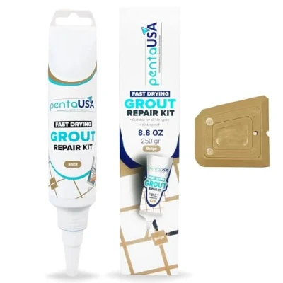 Immagine di PentaUSA Riparazione Fughe Piastrelle Colore BEIGE Tubetto Riempitivo Ripara e Rinnova, Malta per Piastrelle, Kit ad Asciugatura Rapida con Raschietto, Stucco inodore (BEIGE 250gr)