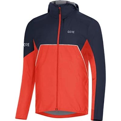 Immagine di GORE WEAR R7 Giacca da Corsa con Cappucio per Uomo Partial TEX INFINIUM, L, Rosso Vermiglio/Blu Marino
