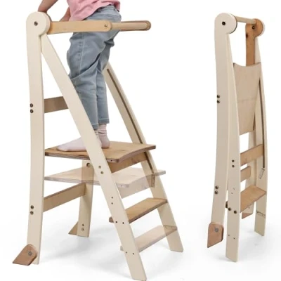 Immagine di Wooden Montessori Learning Tower Space Saving: Foldable Tower, Stool for Children, Kids&#039; Step Stool, with 2 Level Height Adjustable &amp; Anti Tip Protection