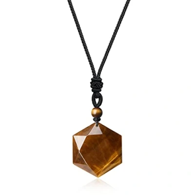 Immagine di COAI Collana Pendente con Esagrammo Stella di Davide in Occhio Tigre, Regolabile Ciondolo Pietre Benefiche