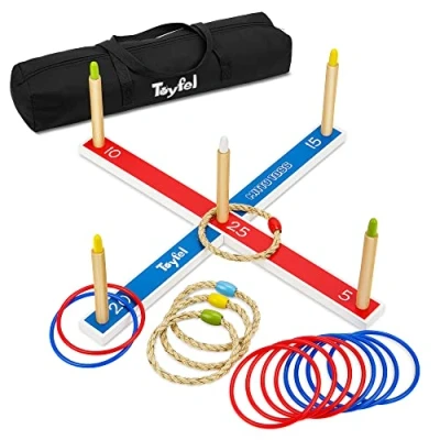 Immagine di Toyfel Gioco di Lancio degli Anelli Mitty Toss all&#039;aperto e al Chiuso, 15 (10x plastica 5X Corda) per Bambini Adulti, in Legno Pino