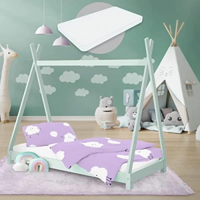 Immagine di ML Design Lettino per Bambini a Forma di Tenda Indiana con Rete Doghe 80 x 160 cm Letto Tipi da Gioco in Legno Pino Massiccio Menta Stile Montessori Materasso Sfoderabile Schiuma Fredda