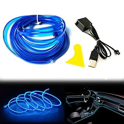 Immagine di Balabaxer El Wire Striscia LED blu per interni auto, 5 m, cavo al neon USB V con protezione fusibile decorazione interna dell&#039;auto bordo cucito da 6 mm