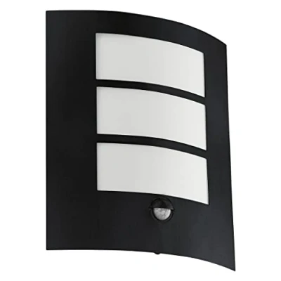 Immagine di Eglo lampada da parete per esterni Cerno, esterno con rilevatore di movimento, sensore crepuscolare, in acciaio zincato nero, vetro satinato bianco, E27, IP44