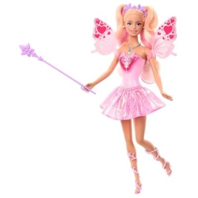 Immagine di Barbie Fata con Bacchetta Stellata, Bambola a Tema Fantasy Capelli Bondi, Ali e Outfit Cambia Colore in Acqua Calda Fredda, Giocattolo per Bambini, 3+ Anni, JCP76