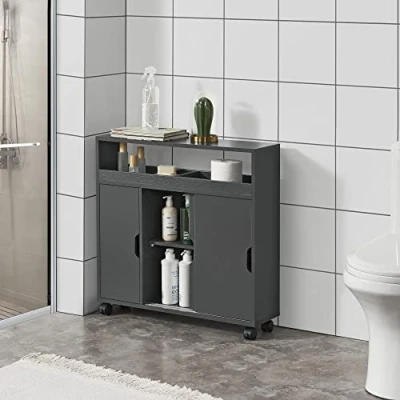 Immagine di [en.casa] Armadietto Salvaspazio da Bagno (AxLxP) 71 x 70 20 cm Mobile a Terra Stoccaggio su 4 Ruote e 2 Ante Scorrevoli Grigio Scuro
