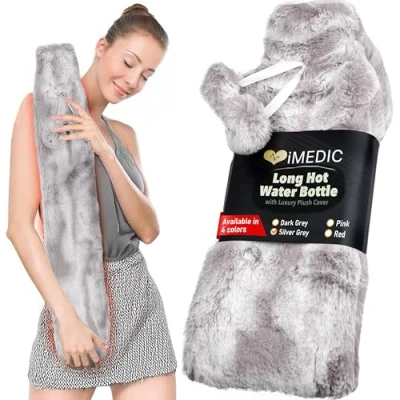 Immagine di iMedic 2L Borsa Acqua Calda Lunga Collo Cervicale Ricoperta da una Fodera di Lusso Realizzata in Pile Super Morbido o Maglia Comoda Finta Pelliccia Grigio Argento