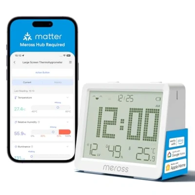 Immagine di Meross Termometro Ambiente Interno WiFi, Igrometro WiFi con Allarme di Notifica, 3 Anni Durata Batteria, Compatibile Matter, Apple HomeKit, Alexa e Google Home (Richiede un Hub)