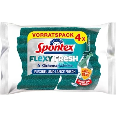 Immagine di Spontex Flexy Fresh x4 Spugna per la pulizia con protezione antibatterica, flessibile, lunga fresca, antigraffio, 1 confezione da 4 pezzi