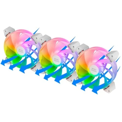 Immagine di MARSGAMING MF 3AR, Kit 3x Ventole 120mm FDB, Pale Invertite, Illuminazione ARGB 360 Senza Telaio, Anello Completa, PC con Compatibilità Totale ARGB, Doppio Connettore, Bianco