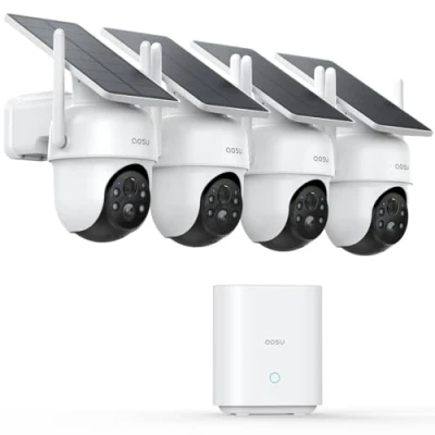 Immagine di AOSU 2K Telecamera WiFi Esterno Senza Fili, Kit 4 Cam e Homebase, Nessun Abbonamento, 3MP di Sicurezza Batteria Solare Esterna, 360 PTZ, Visione Notturna a Colori, 5Ghz 2.4Ghz
