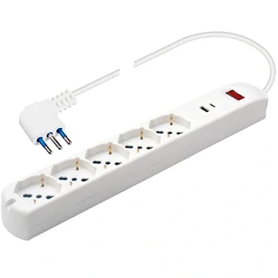 Immagine di POLY POOL PP2536 Ciabatta Multipresa Elettrica 5 Prese Schuko Multistandard Bivalent 10/16A + 2USB (A+C) Spina Salvaspazio 10A con 1 Interruttori Interruttore Bianca
