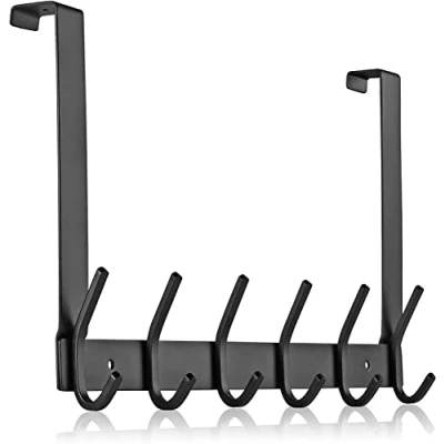 Immagine di MEIJO Appendiabiti Da Porta, Ganci Porta In Acciaio Inox Con 6 Ganci, Attaccapanni Per Cucina Ufficio Bagno (Nero, spessore 4,5 cm)