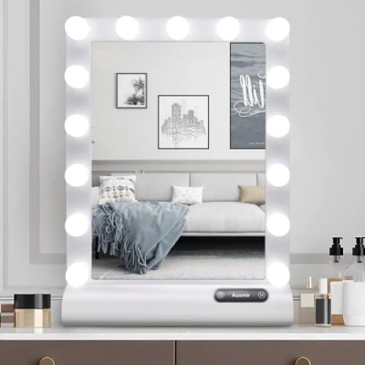 Immagine di Auxmir Hollywood Specchio Trucco con Luci 15 LED 3 Colori Cosmetico Illuminato Luminosità Regolabile a Interruttore Tocco da Tavolo per Trucco, Lenti Contatto e Cura del Viso