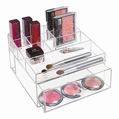 Immagine di iDesign Drawers Cassettiera per scrivania o bagno, Portatrucchi con 11 scomparti e un cassetto, Portaoggetti ufficio, scrivania, Plastica trasparente