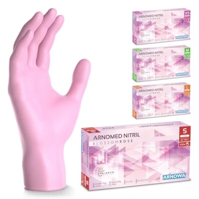 Immagine di ARNOMED guanti monouso rosa, in nitrile S, 100 pezzi/confezione, senza polvere e lattice, per alimenti, taglie XS, M L