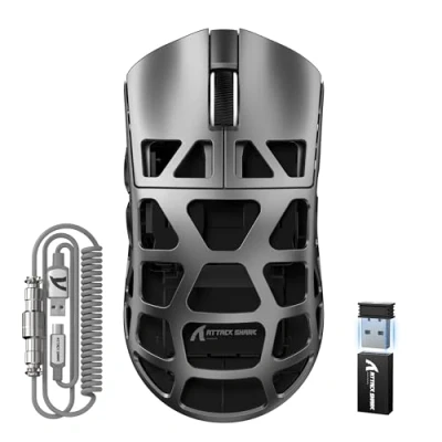 Immagine di ATTACK SHARK R3PRO 46g SUPERLIGHT Gaming Mouse in Lega di Magnesio, Wireless 8000Hz Tasso Polling, 26000DPI, G502 da Gioco, 2.4G/BT/Cablato, PixArt PAW3395, con Cavo a Spirale, PC/Mac, Grigio