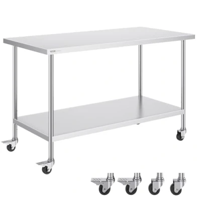 Immagine di VEVOR Tavolo da Lavoro in Acciaio Inossidabile 762 x 1524 954 mm, con 4 Ruote, 3 Livelli di Altezza Regolabili, Resistente per Preparazione Alimenti Ristoranti Cucina Commerciale, Argento