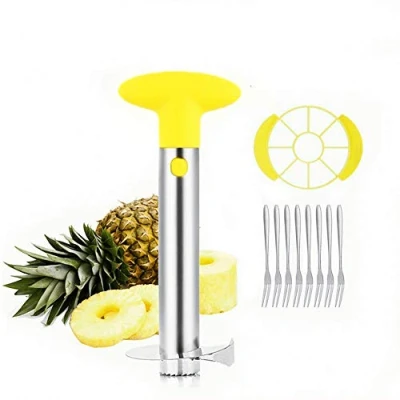 Immagine di OITUGG Taglia Ananas Sbuccia Acciaio Inox Affetta con 8 Pezzi Frutta Forchette e 1 Tagliato a Spicchi (Giallo)