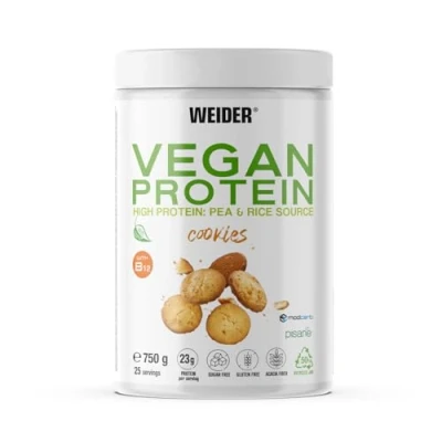 Immagine di Weider Vegan Protein (750g) Gusto Cookies. Proteine Vegane 23g/dose isolate di piselli e riso, Con Vitamina B12 Stevia, Senza Glutine, Zucchero, Contenitore 50% Riciclato, 100% Riciclabile