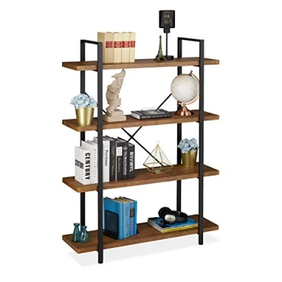 Immagine di Relaxdays Libreria Scaffale, Mobile con 4 Ripiani, 140x105x33,5 cm, Metallo &amp; MDF, Mensole Moderne Industrial, Marrone, pannelli acciaio, effetto legno, 1 pz
