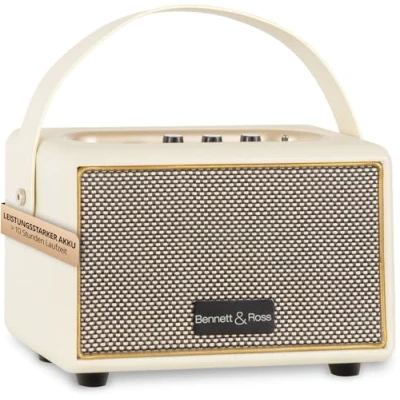 Immagine di Bennett &amp; Ross BB 820CW Blackmore Junior Altoparlante Bluetooth retrò in pelle con batteria 5200 mAh vintage da 20 W Ingresso microSD lettore MP3 Aux Cassa bianco crema