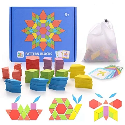 Immagine di HellDoler 155 Blocchi Modello in Legno Set Puzzle di Forma Geometrica Classico Grafico educativo Tangram Montessori Giocattoli con 24 Pezzi Carte Design per Bambini