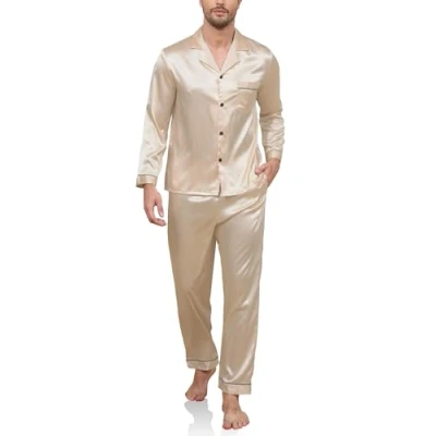Immagine di Reliwel Pigiama da Uomo in Raso a Maniche Lunghe con Bottoni Set Pigiami Due Pezzi Classic Aperto Davanti Tasche e Pantaloni Lunghi Morbido
