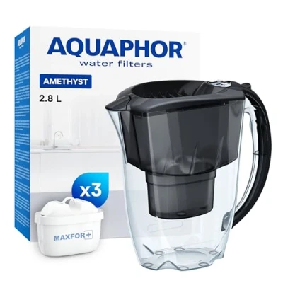 Immagine di AQUAPHOR Caraffa filtrante Amethyst nera e 3 filtri MAXFOR+ I da 2,8l Su misura per la porta del frigo Riduce calcare cloro tavolo Di stile