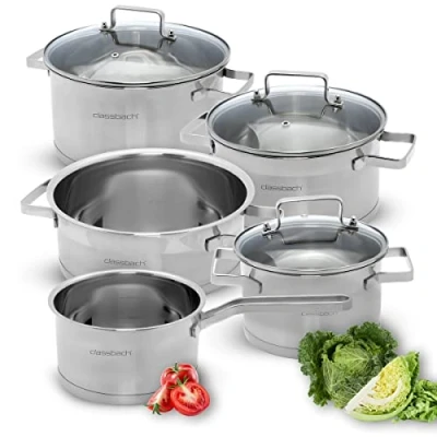 Immagine di Batteria da cucina in acciaio inossidabile a 8 pezzi, una padella, due pentole carne 1,5 L e 3 L, 5 tre coperture vetro, di qualità superiore, Classbach C KTS4017