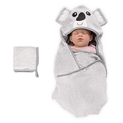 Immagine di Navaris Set Asciugamano e Mussola Neonato Accappatoio 70x70cm Panno per Bambini 0 12 Mesi con Cappuccio in Bambù OEKO TEX Koala