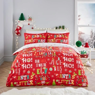 Immagine di Fusion Funda Nórdica Frases Navideñas 230 x 220 cm Reversible (2 Diseños) 2x Fundas de Almohada Incluidas Copos Nieve Ropa Cama Navideña en Rojo y Blanco