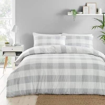 Immagine di Fusion Copripiumino in tessuto seersucker color argento, per letto matrimoniale (200 x 200 cm), design reversibile (strisce), morbido al tatto, effetto increspato, set di biancheria da