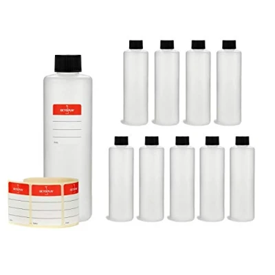 Immagine di Octopus 10 x 250 ml bottiglie in plastica, plastica HDPE con tappi a vite nero, vuote coperchi rotonde etichette compilabili incluse