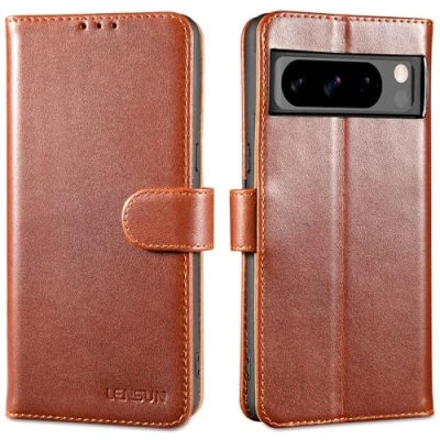 Immagine di Lensun Custodia per Google Pixel 8 Pro, Cover in Vera Pelle [RFID Blocking] Libro con Portafoglio Chiusura Magnetico Flip Custodie Cuoio Telefono Pro Marrone Scuro