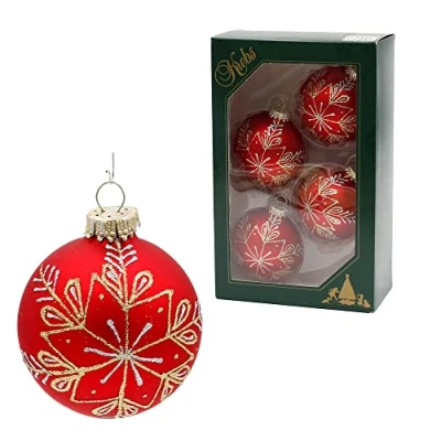 Immagine di Lauschaer Set di 4 palline per albero Natale in rosso opaco, decorate a mano con glitter decorazione oro e argento, corona d&#039;oro, dimensioni Ø ca. 10 cm
