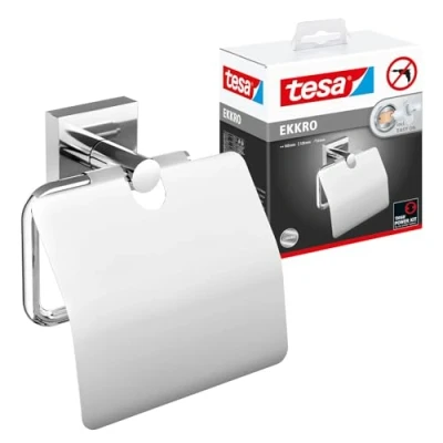 Immagine di tesa EKKRO Portarotolo WC con Coperchio Porta Carta Igienica Adesivo in Metallo Cromato Lucido senza Perforazione, per Bagni Colla Rimovibile inclusa